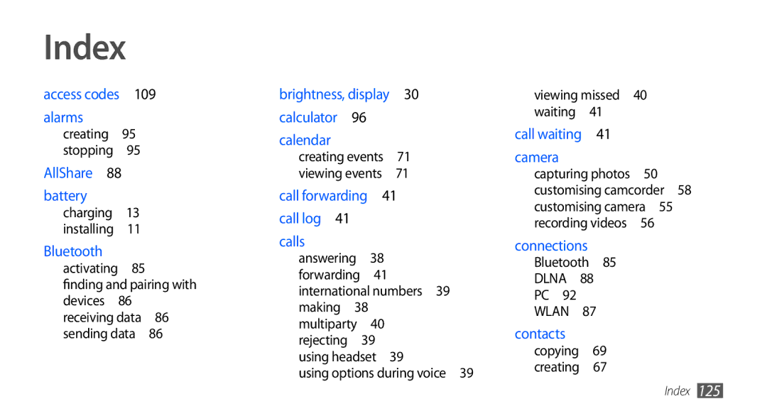 Samsung GT-I5510XKACYV manual Index, Using options during voice Viewing missed 40 waiting , Bluetooth DLNA PC WLAN  